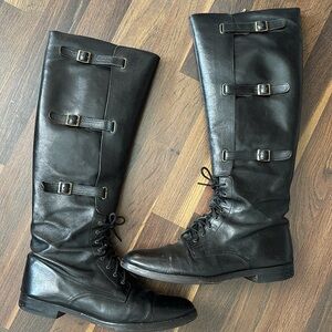Cole Haan Black Leather‎ Zip, Buckle & Lace 17” Tall Knee-High Riding Boots Sz 9